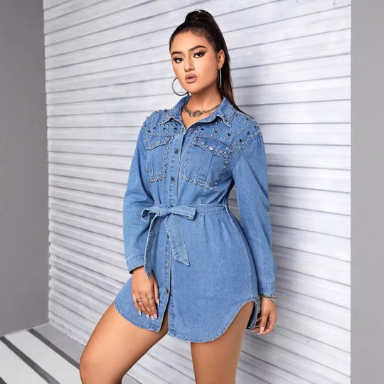 Damen Nietenbesetztes Denim‑Hemdkleid mit Taillengürtel Shop Nory