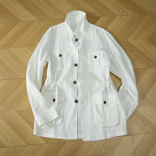 Damen Utility-Jacke aus Leinenmix mit Tunnelzug, Pattentaschen und Hemdkragen Shop Nory