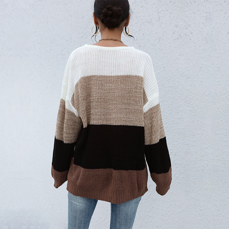 Damen Lässiger Farbblock-Strickpullover mit offener Maschenstruktur und Rundhalsausschnitt Shop Nory