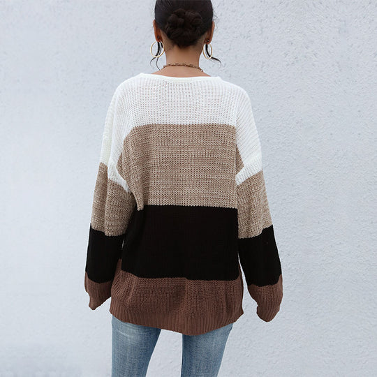 Damen Lässiger Farbblock-Strickpullover mit offener Maschenstruktur und Rundhalsausschnitt Shop Nory