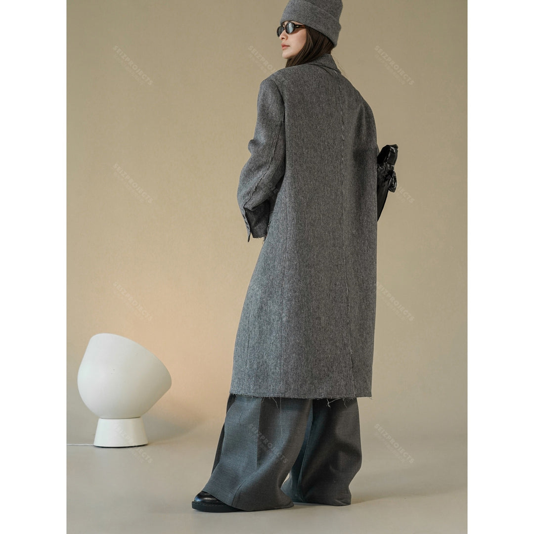 Damen Boxy Langmantel aus Wollmix mit ausgefransten Kanten und Doppelreiher Shop Nory