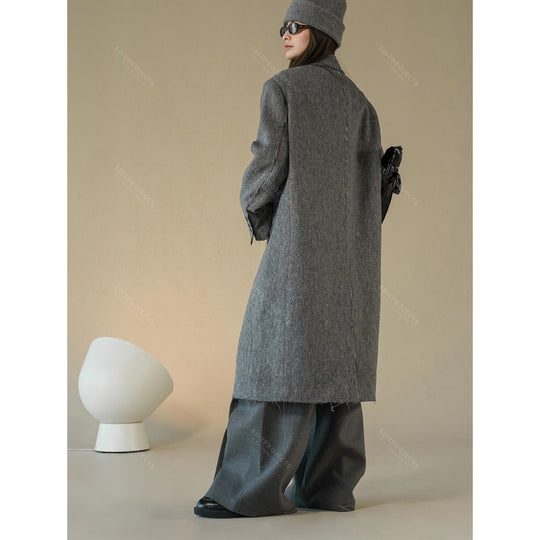 Damen Boxy Langmantel aus Wollmix mit ausgefransten Kanten und Doppelreiher Shop Nory