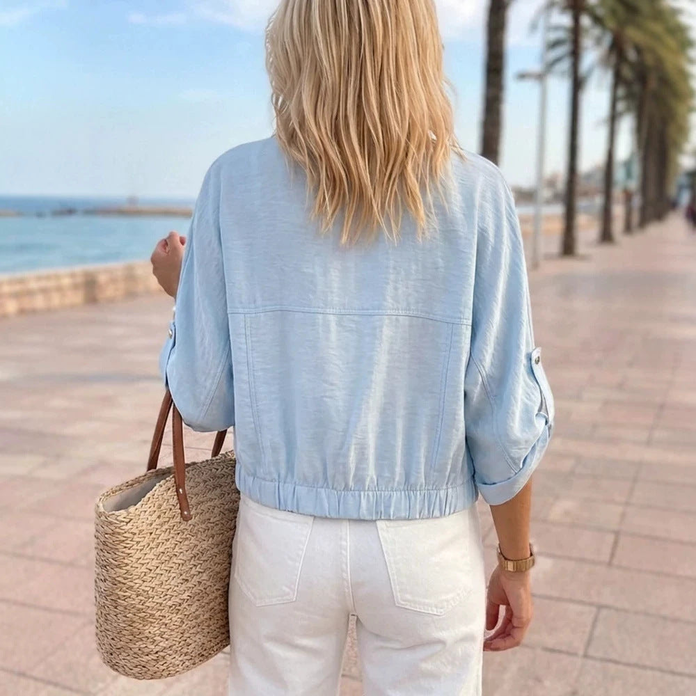 Damen Leichte Chambray-Boxy-Jacke mit Gummibund, Druckknöpfen und aufgesetzten Brusttaschen Shop Nory