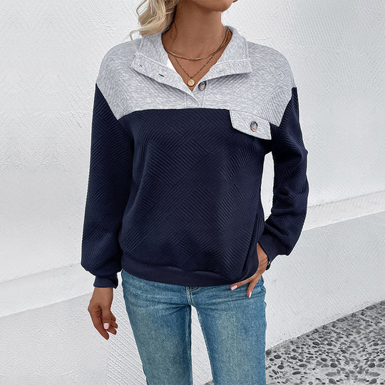 Damen Strukturierter Stehkragen-Sweatshirtpullover mit Knopfleiste Shop Nory