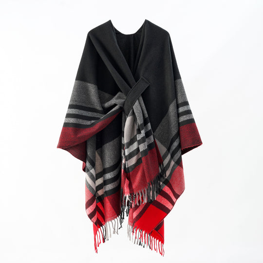 Damen Revers‑Cape aus Wollmischung mit Bindegürtel und Karomuster Shop Nory