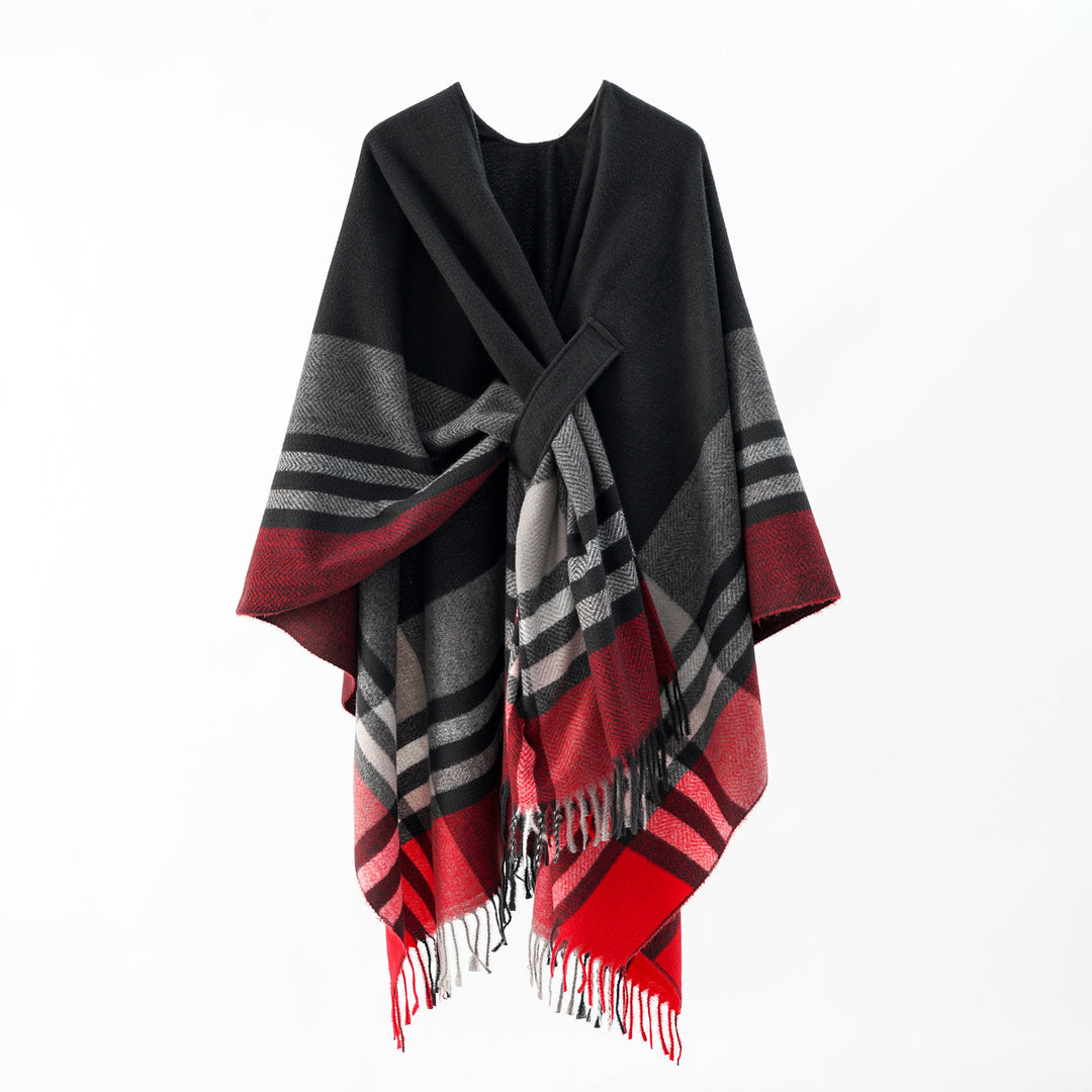 Damen Cape-Umhang aus Wollmix mit Bindegürtel und Karodessin Shop Nory