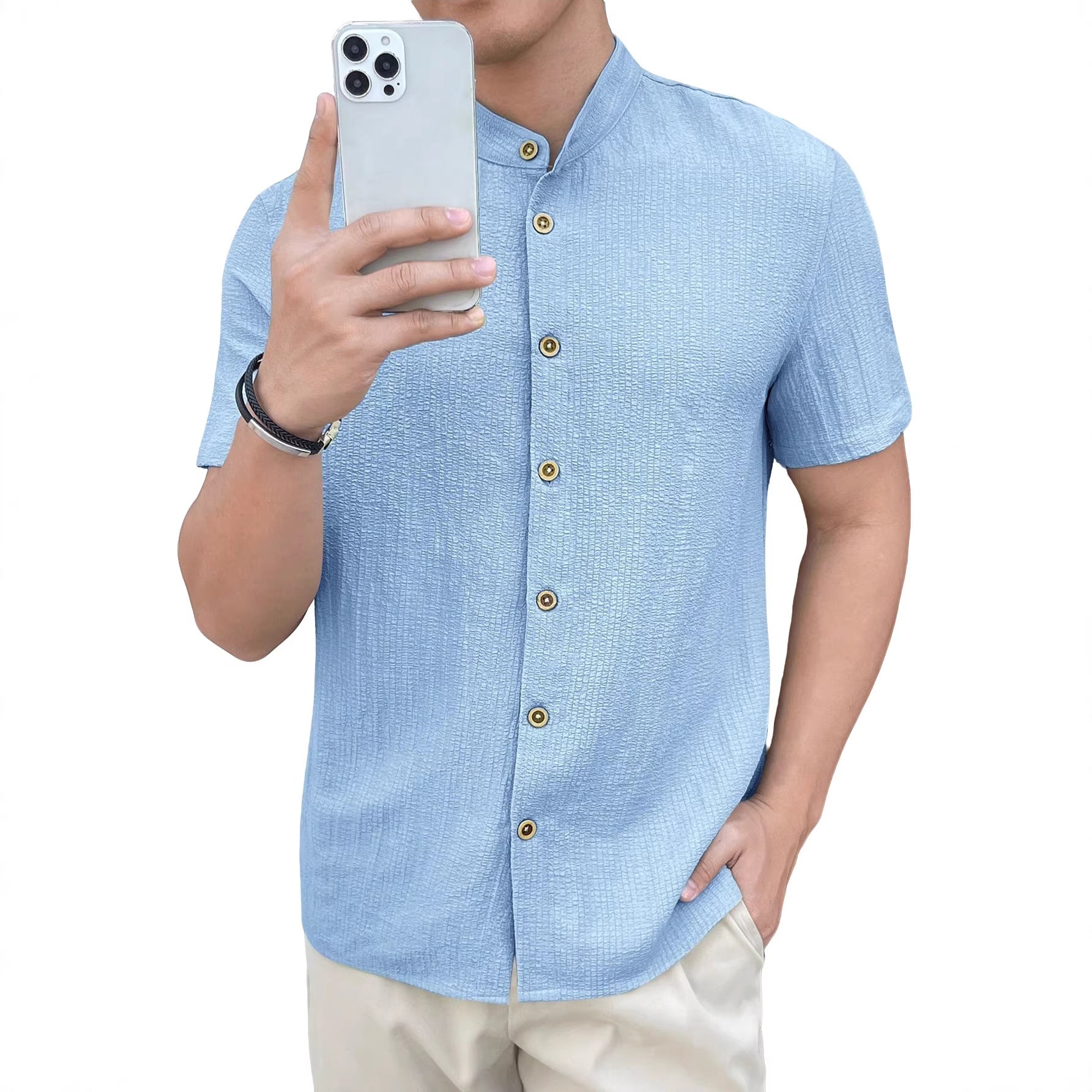 Herren nan leichtes Knitterstruktur-Überhemd mit umgeschlagenen Ärmeln entspannter Overshirt-Silhouette