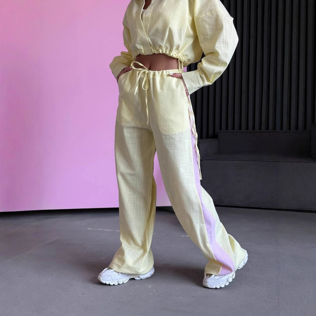 Damen kurzes Hemd mit Kordelzug und weite hochgeschnittene Leinenhose Set Shop Nory