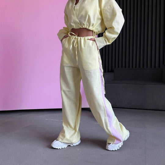 Damen kurzes Hemd mit Kordelzug und weite hochgeschnittene Leinenhose Set Shop Nory
