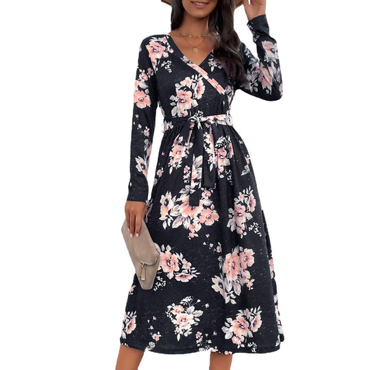 Damen Florales Wickel-Midikleid mit V-Ausschnitt, Taillengürtel und ausgestelltem Rock Shop Nory