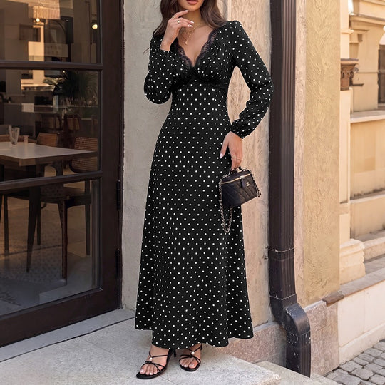 Damen Polka‑Dot Maxikleid mit Spitzen‑V-Ausschnitt, Empire‑Taillenlinie und langem Fließrock Shop Nory