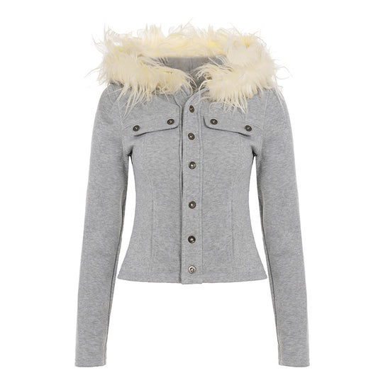 Damen nan kurz geschnittene Kapuzenjacke mit Kunstfellkapuze, Reißverschluss und tailliertem Bündchen Shop Nory