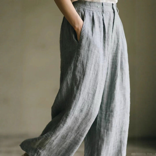 Damen weite Leinenhose mit eleganter Bundfalte und Taschen