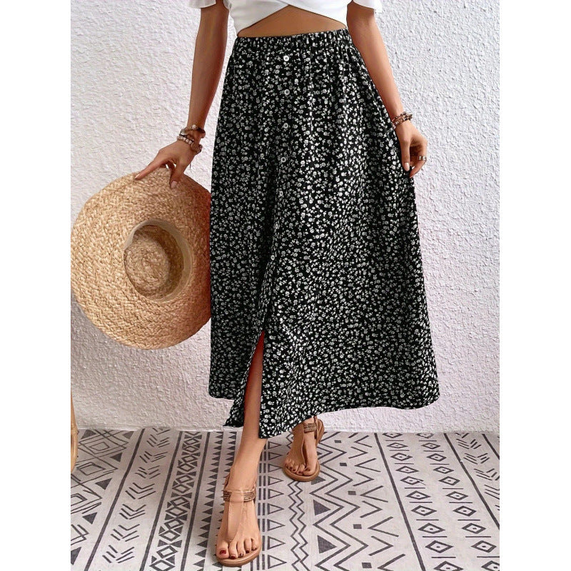 Damen Maxirock mit floralen Knopfdetails und seitlichem Schlitz Shopnory