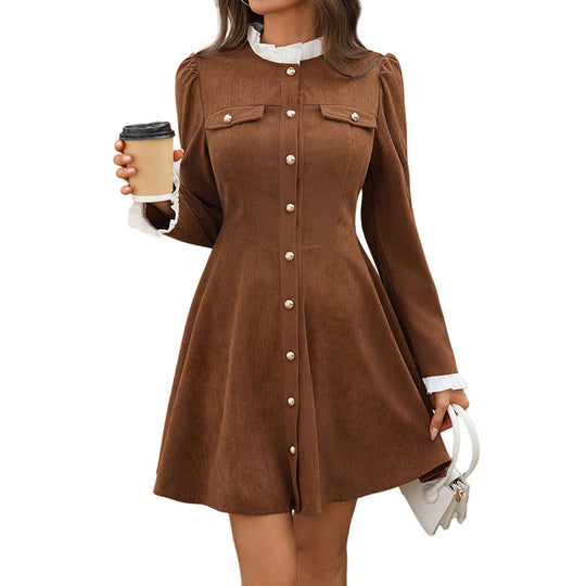 Damen Cordkleid mit Perlenknopfleiste, taillierter A-Linie und Rüschkragen Shop Nory