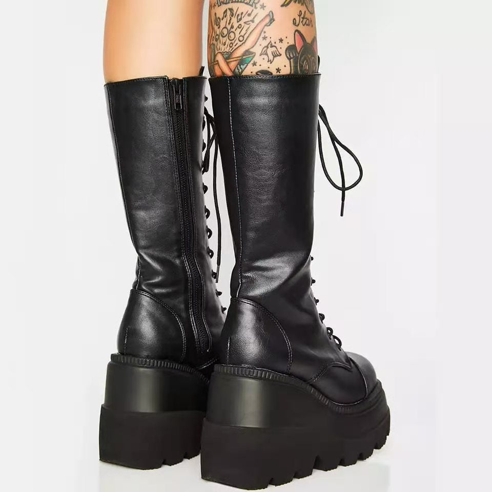 Damen Hochwertige Schnürstiefel mit Plateauabsatz und seitlichem Reißverschluss