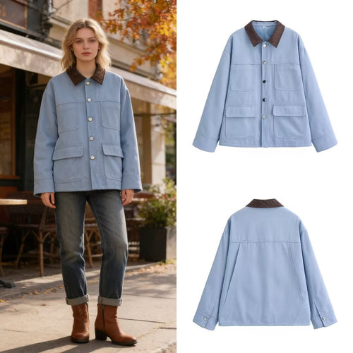 Damen Boxy-Arbeitsjacke mit Cordkragen und vier aufgesetzten Taschen Shop Nory