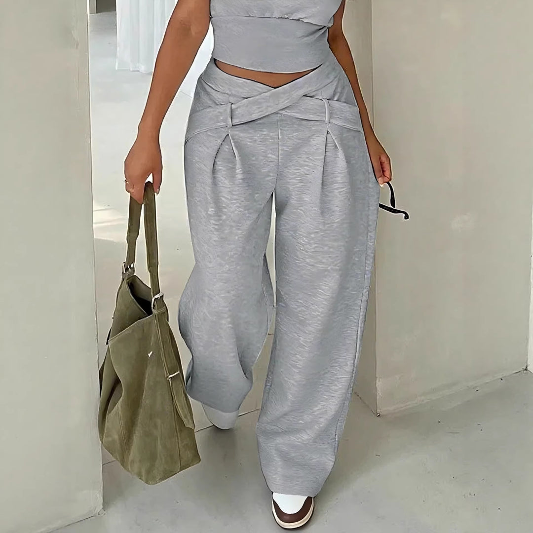 Damen Weite High-Waist-Hose mit Wickelbund, Ziergürtel und Bundschnitt Shop Nory