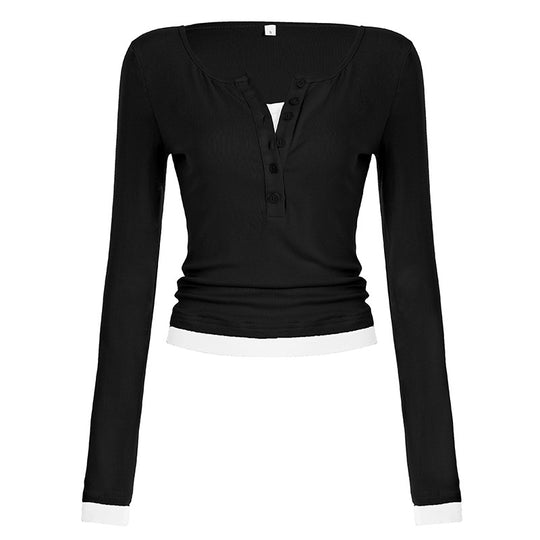 Damen nan tailliertes Henley-Crop-Longsleeve mit kontrastierenden Saum- und Ärmelbündchen Shop Nory