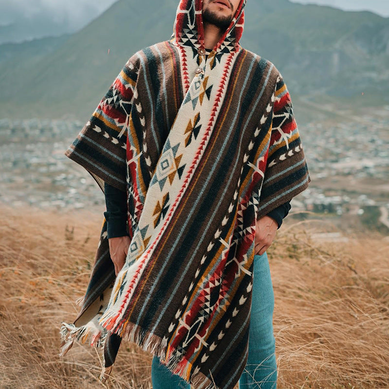 Herren Kapuzenponcho aus Wollmix mit Fransen und Ethno‑Jacquardmuster Shop Nory