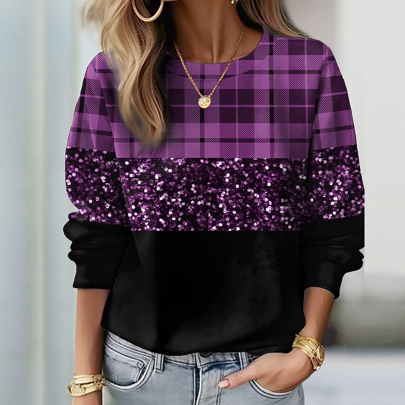 Damen Sweatshirt mit Karomuster, Pailletten-Band und lockerem Saum Shop Nory