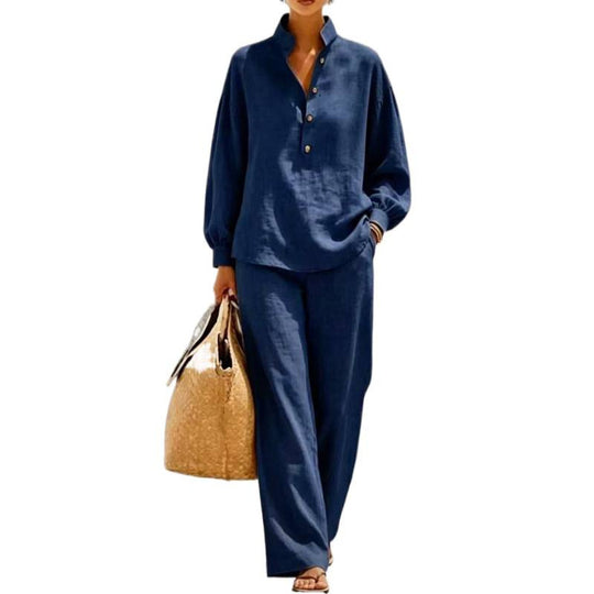 Damen Leichtes Leinenoptik-Zweiteiler mit Stehkragen-Henleybluse und weiter Palazzohose Shop Nory