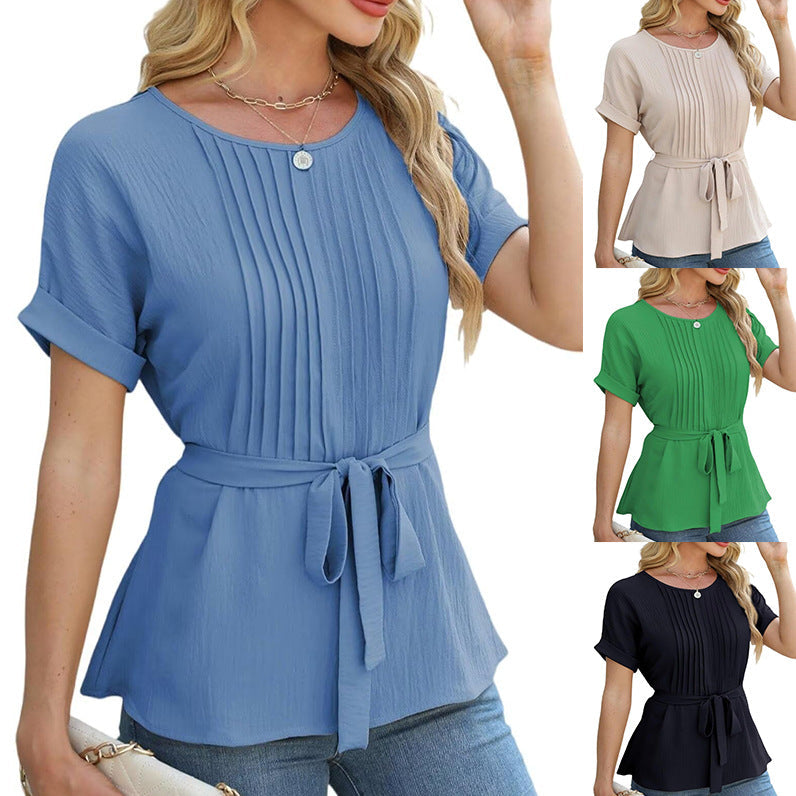 Damen Bluse mit Rüschendetails und seitlichem Gürtel Shopnory