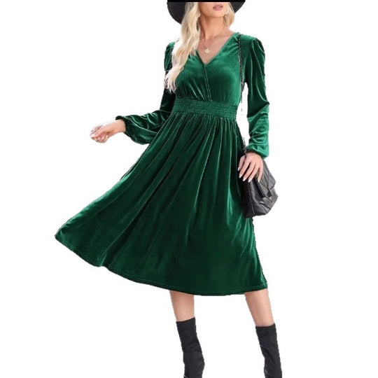 Damen Midikleid aus Samt mit V-Ausschnitt, geraffter Smock-Taille und langen Ballonärmeln Shop Nory