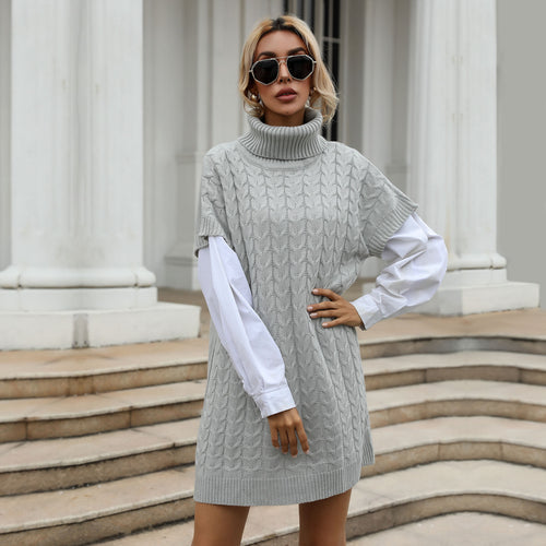 Damen Strickkleid mit Rollkragen, Zopfmuster und ärmelloser Tunika-Silhouette Shop Nory