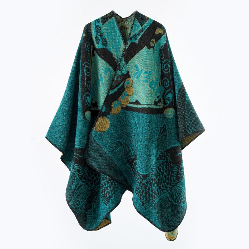 Damen Jacquard-Poncho mit Fischmotiv und offenem Oversize-Schnitt Shop Nory