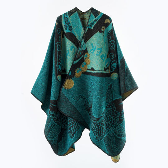 Damen Jacquard-Strick Cape mit Koi-Motiv und weitem Oversize-Fall Shop Nory