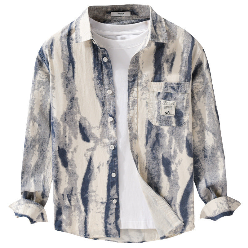Herren Lockeres Hemdjacken-Overshirt aus Leinen-Baumwollmix mit abstraktem Brush‑Print und Kentkragen Shop Nory