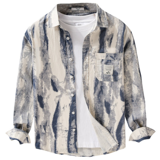 Herren Lockeres Hemdjacken-Overshirt aus Leinen-Baumwollmix mit abstraktem Brush‑Print und Kentkragen Shop Nory
