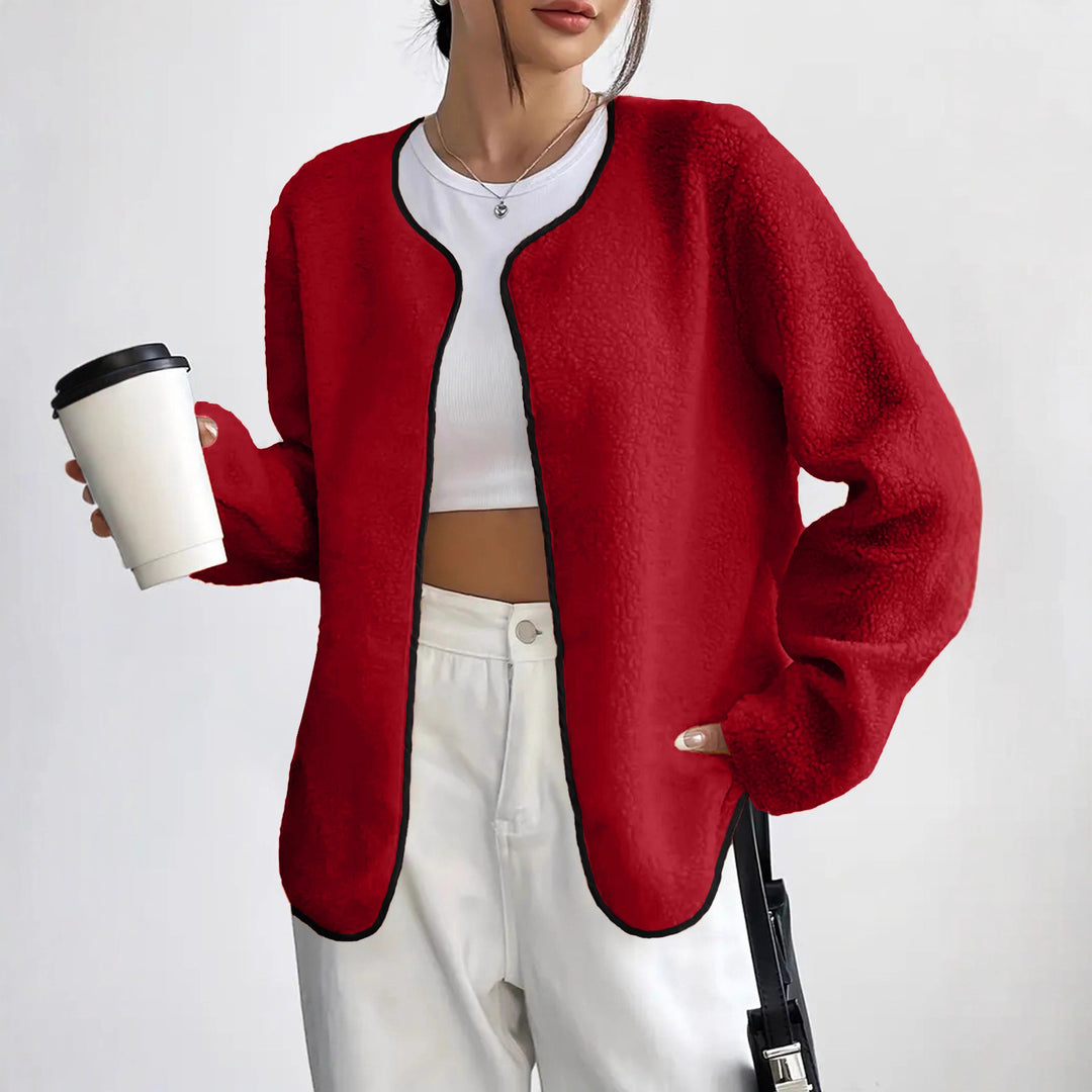 Damen Kurzjacke Teddy-Fleece Cardigan ohne Verschluss mit Rundhals Shop Nory
