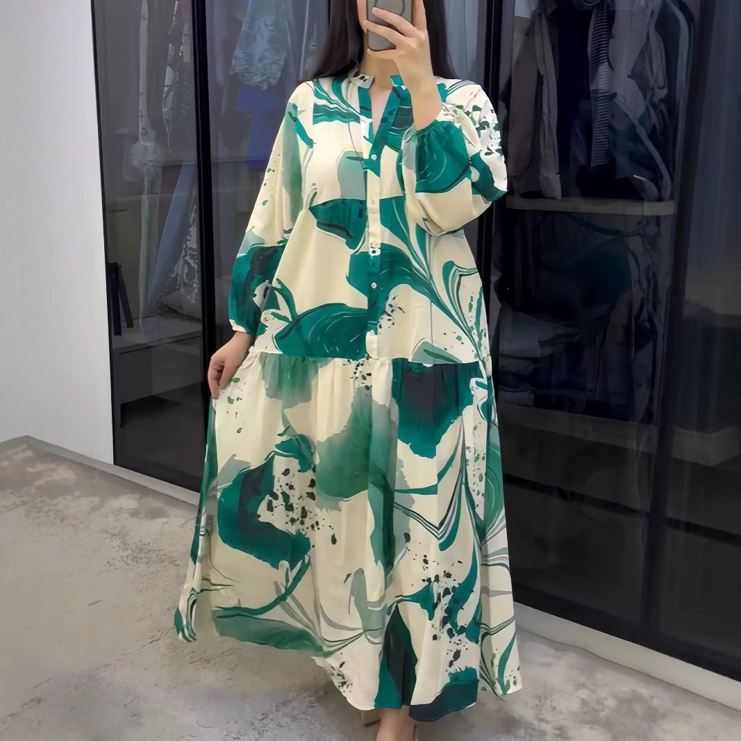 Damen Fließendes Stufenkleid mit Stehkragen, Ballonärmeln und Knopfleiste Shop Nory