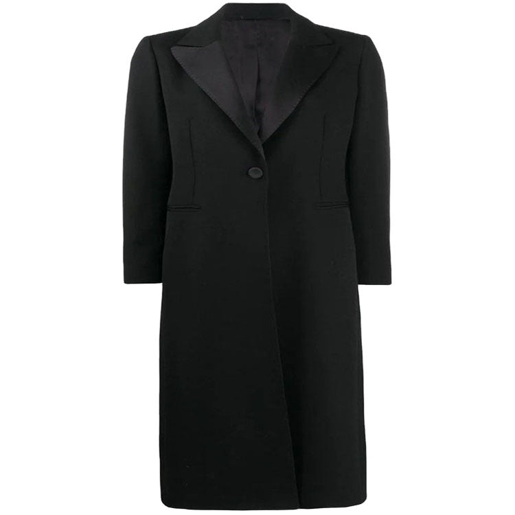 Damen Eleganter Einreihiger Longmantel im Smokingschnitt mit schmalem Revers und Satinbesatz Shop Nory