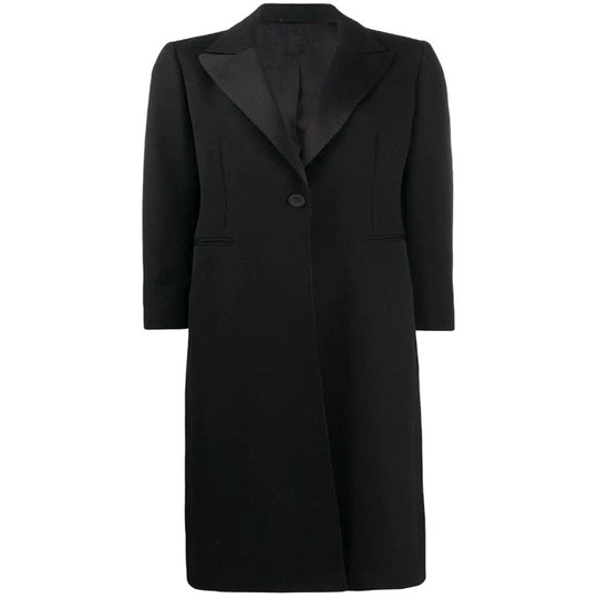 Damen Eleganter Einreihiger Longmantel im Smokingschnitt mit schmalem Revers und Satinbesatz Shop Nory