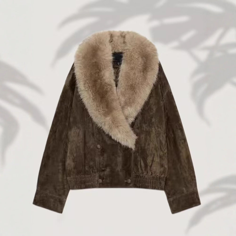 Damen Kurz geschnittene Wildlederjacke im Bomberstil mit luxuriösem Pelzkragen Shop Nory