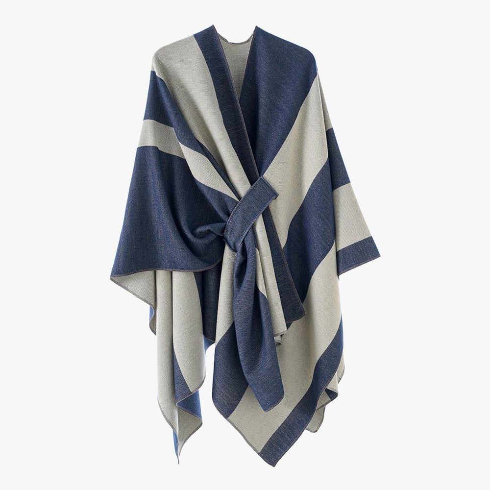 Damen Weicher Strickponcho mit Gürtel und Kontrastkante Shop Nory