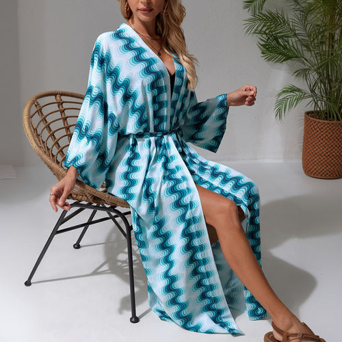 Damen Langer Strandkaftan mit V-Ausschnitt, Taillen-Bindegürtel & hohem Beinschlitz Shop Nory