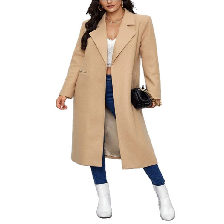 Damen Maxilanger Einreihiger Mantel im minimalistischen Tailoring mit verdeckter Knopfleiste und Eingrifftaschen Shop Nory