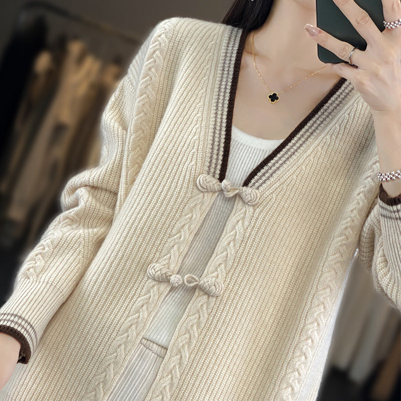 Damen Strickcardigan mit Zopfmuster und dekorativen Knotenverschlüssen Shop Nory
