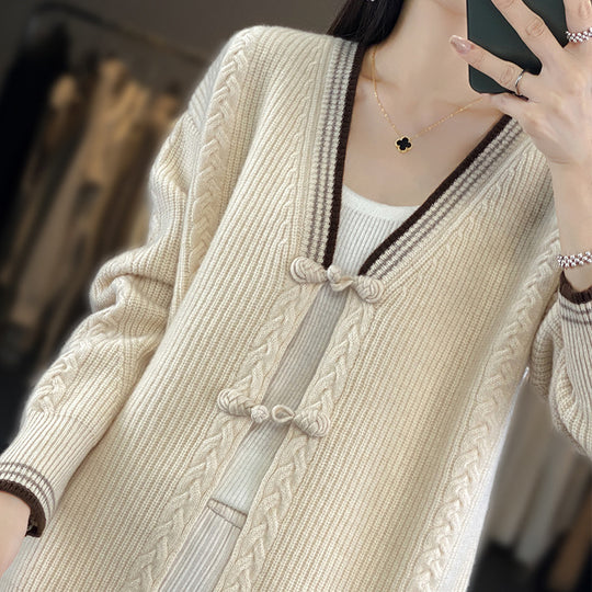 Damen Strickcardigan mit Zopfmuster und dekorativen Knotenverschlüssen Shop Nory