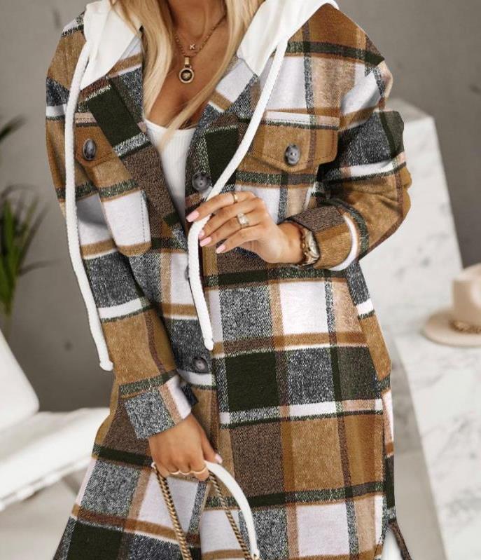 Damen Longline-Strickmantel mit Kapuze, Zierknöpfen und Kontrasttaschen Shop Nory