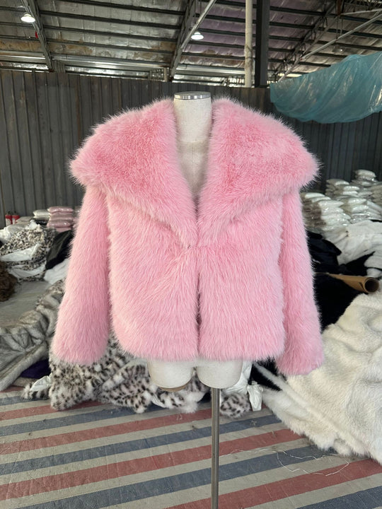 Damen Kurzbolero im Boxy-Cut aus veganem Shaggy-Kunstpelz mit XXL-Schalkragen Shop Nory