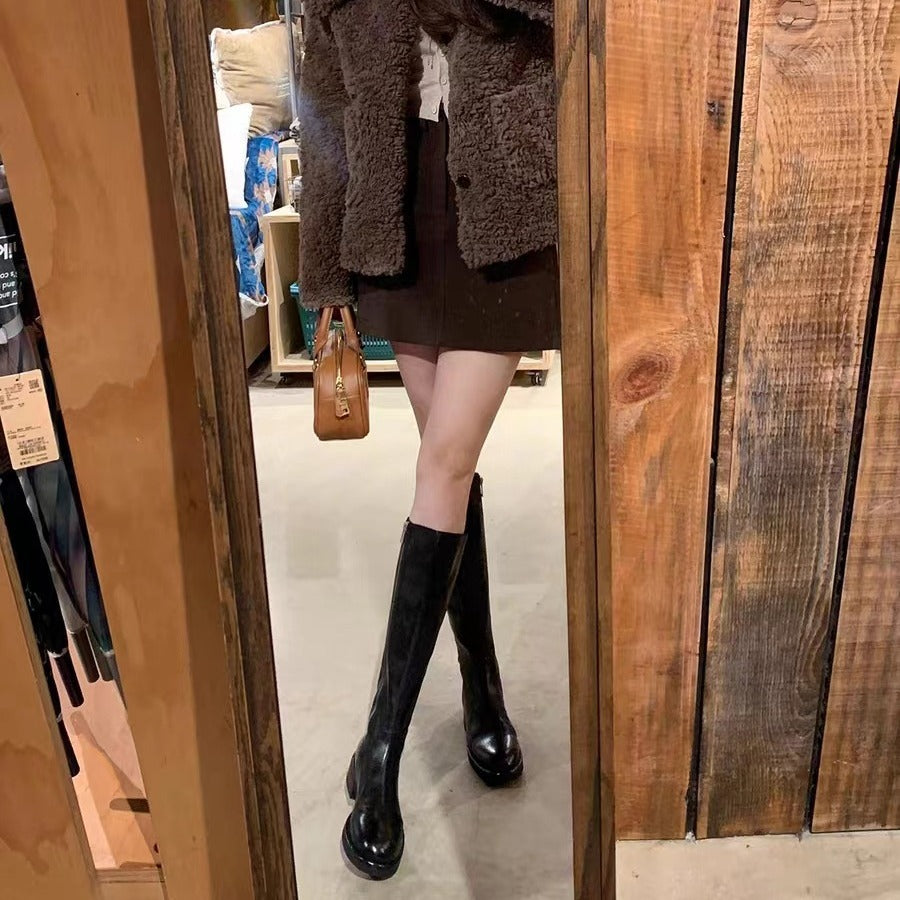 Damen Kniehohe Glattleder-Stiefel mit verdecktem Reißverschluss und stoßdämpfender Laufsohle Shop Nory