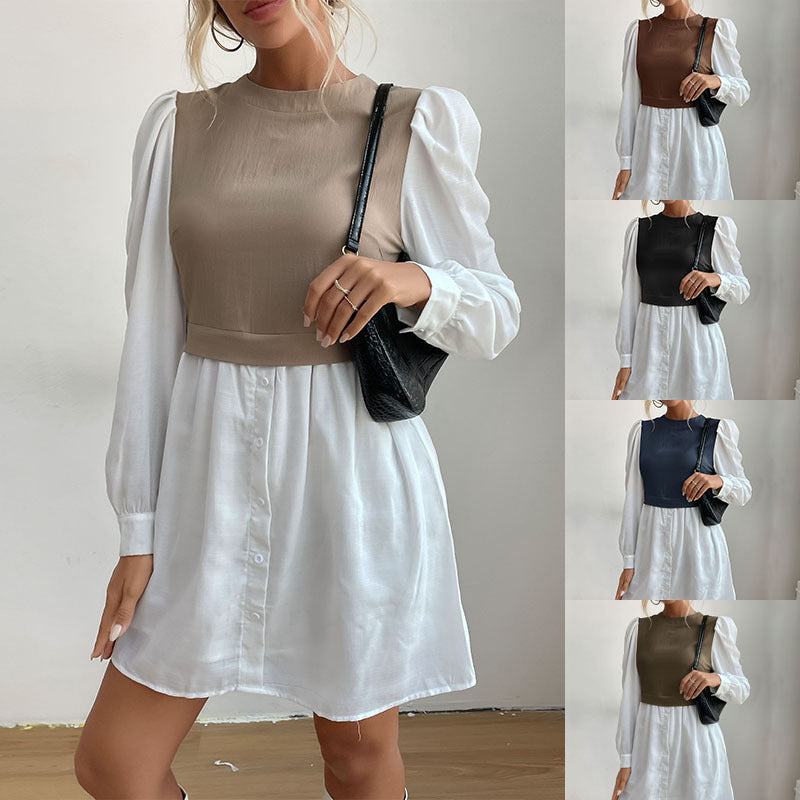 Damen Hemdblusenkleid mit eingesetzter kurzgeschnittener Weste, Puffärmeln und taillierter Silhouette Shop Nory