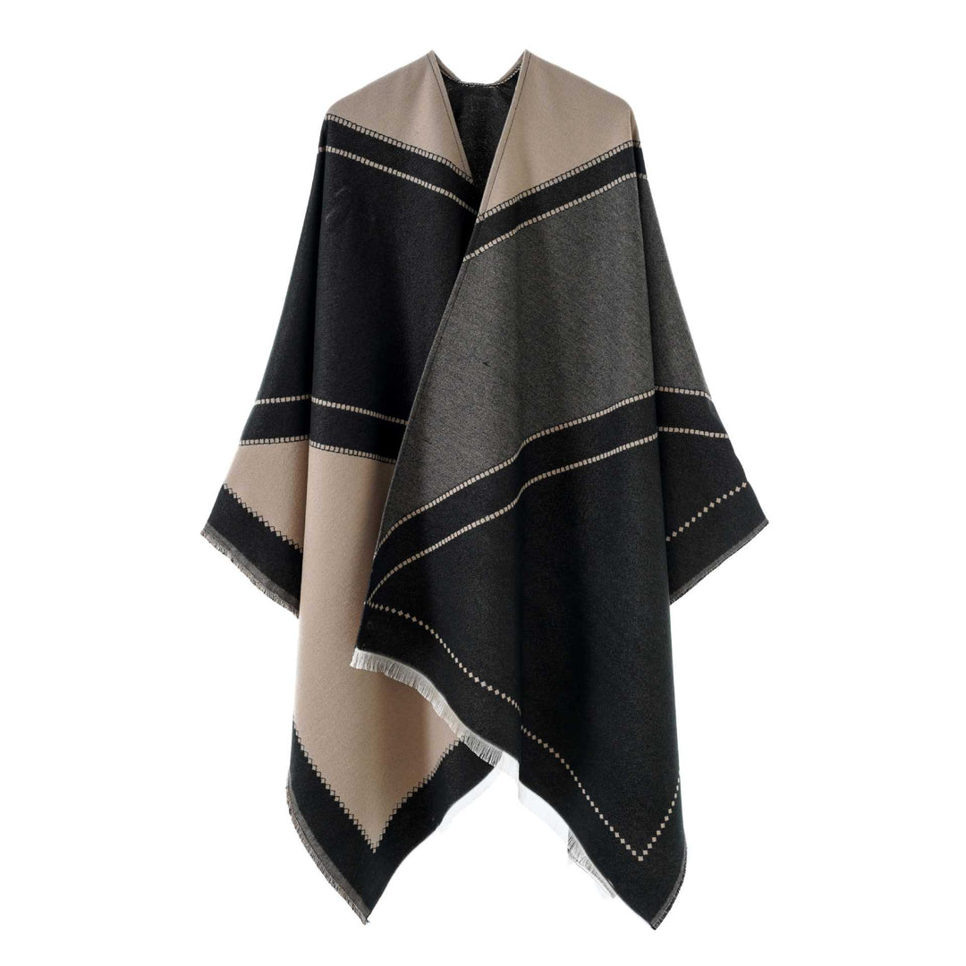 Damen Wendbarer Strickcape-Poncho mit Fransen und kontrastierenden Streifen Shop Nory