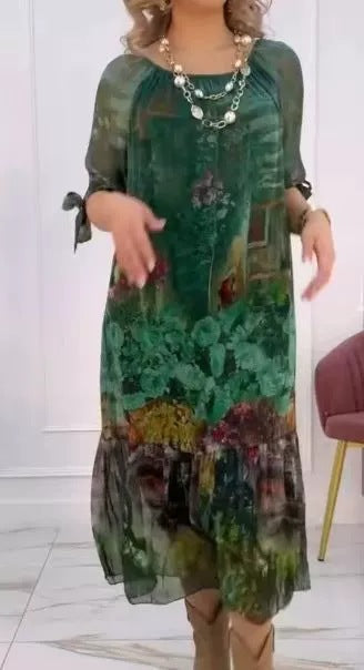 Damen Elegantes Chiffon Maxikleid mit floralen Akzenten, gestuftem Rock und 3/4-Ärmeln Shop Nory