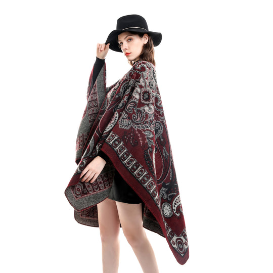 Damen Jacquard-gewebte Oversize-Ruana mit Ornamentik und offenem Kimono-Fall Shop Nory
